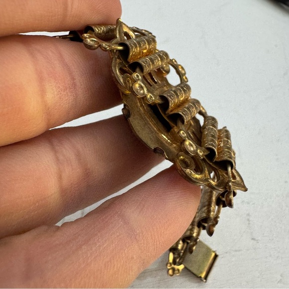 Vintage Art Deco Onyx Oval Seed Pearl Gold Tone Link Intricate Inlay Retro Gift - Picture 13 of 16